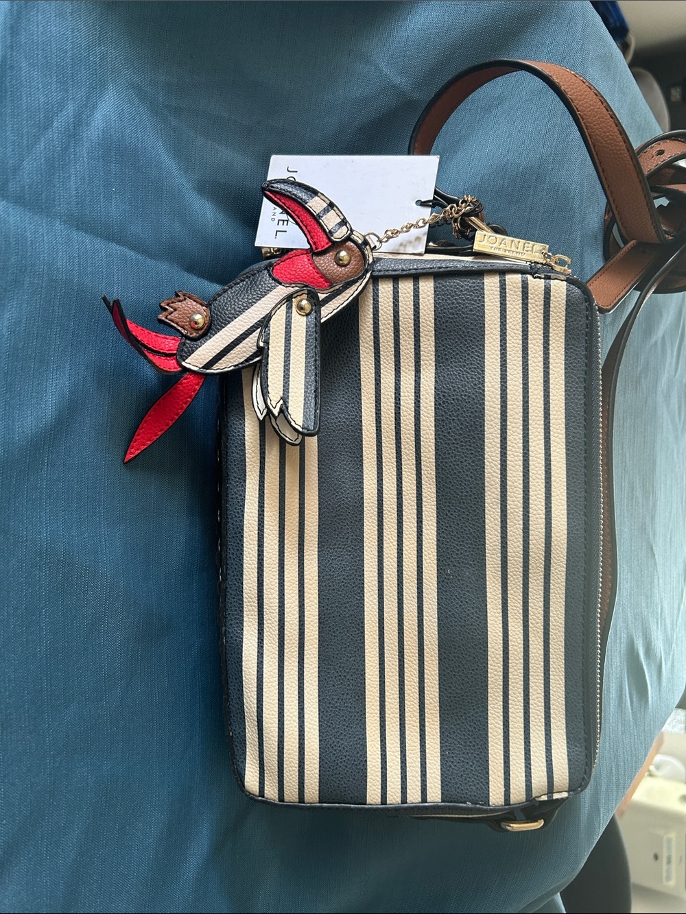 Joanel Navy and Cream Striped Crossbody with Red Bird Charm